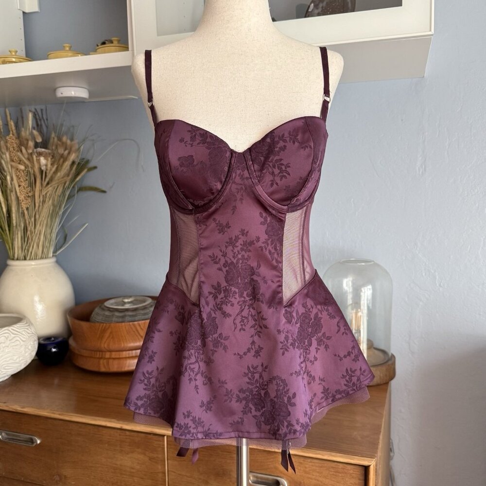 Vtg Victoria's Secret Peplum Babydoll Bustier Cami Garters Jacquard Floral 36C